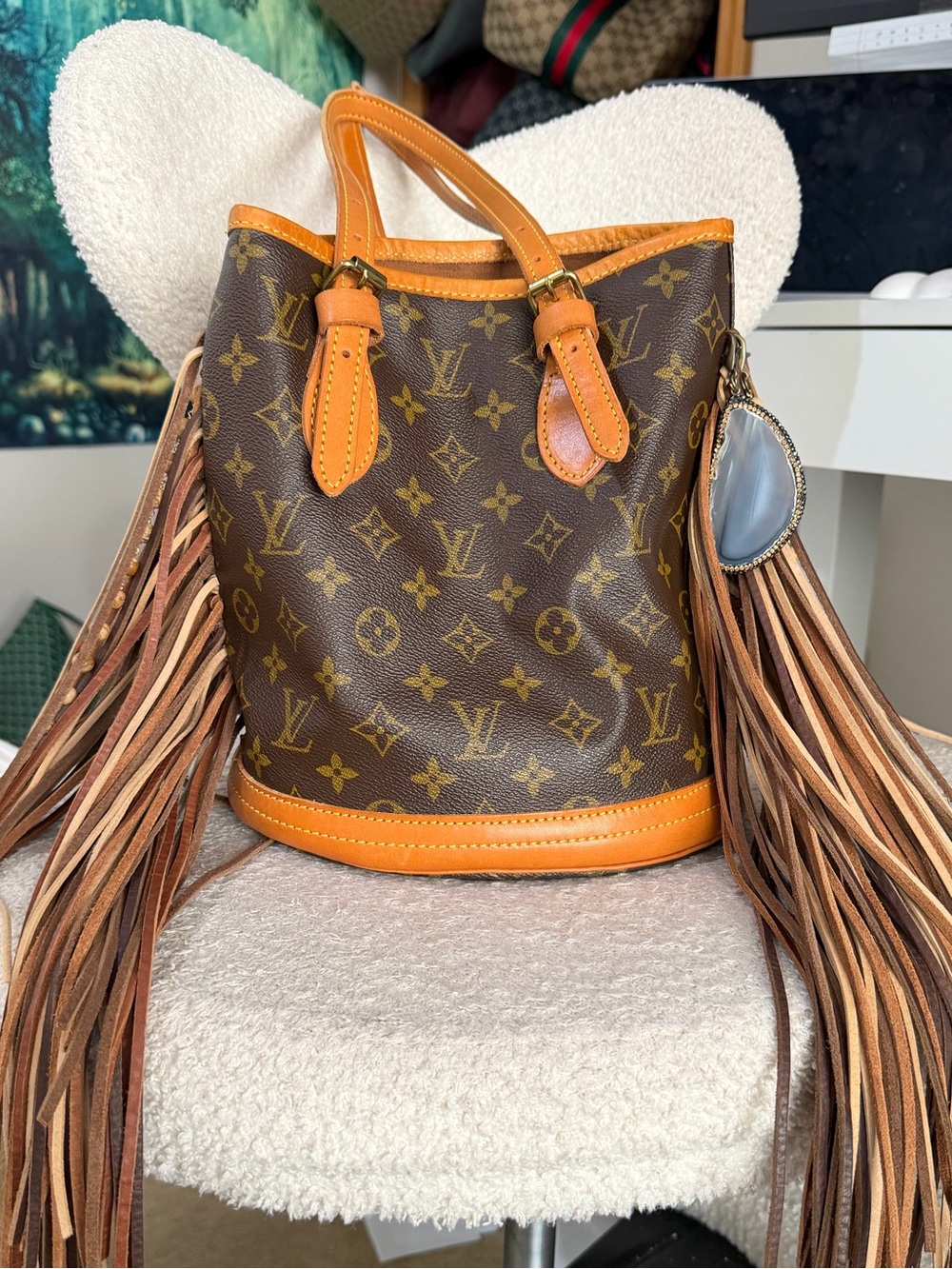 Louis Vuitton Monogram Bucket Bag with Tan Trim and Fringe